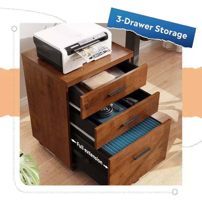 Cassettiera Classificatore a 3 Cassetti con Ruote e Piano in Legno – Contenitore Sotto Scrivania con Ruote