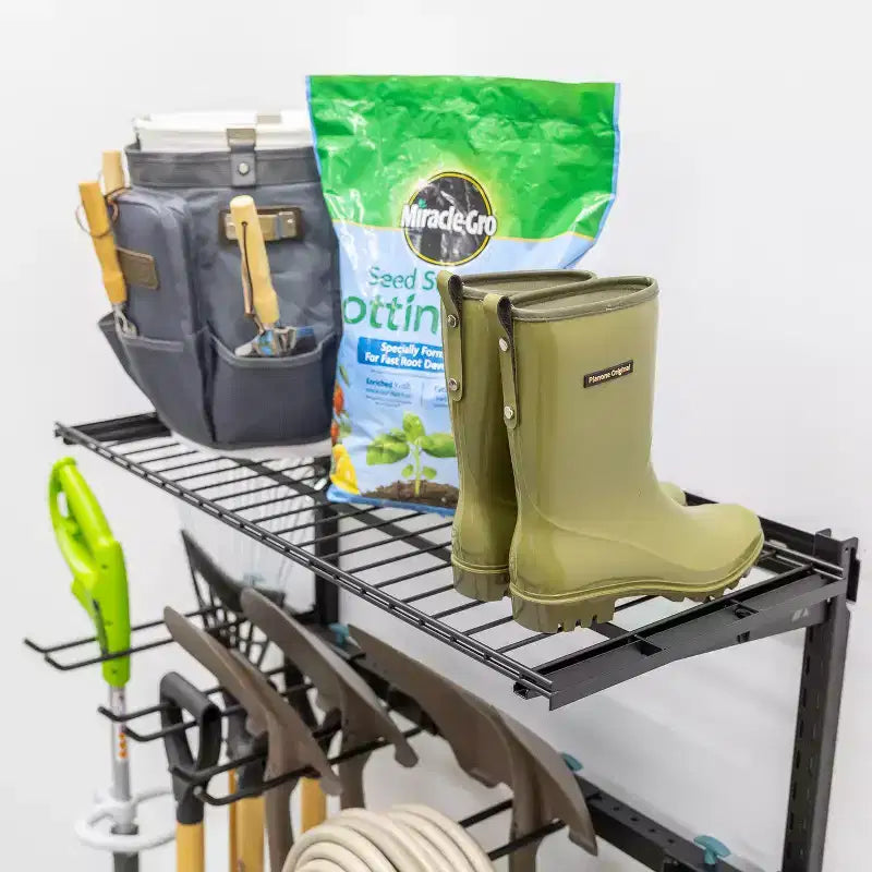 Sistema di stoccaggio attrezzi da parete regolabile con ripiano – Portata 136 kg