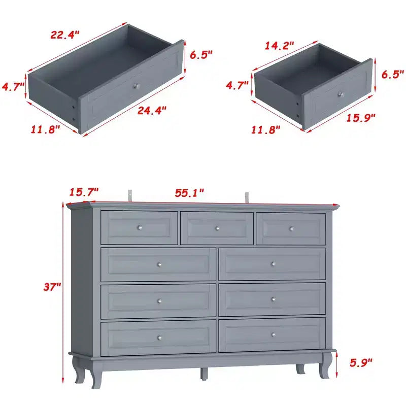 Cassettiera orizzontale a 9 cassetti con design anticato e maniglie a bottone in metallo