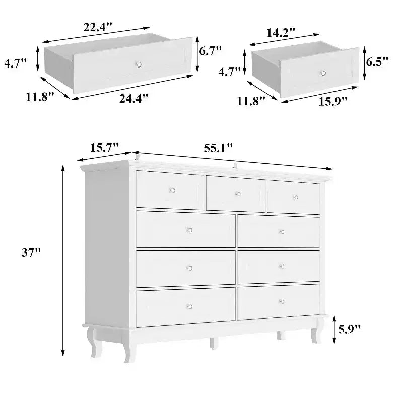 Cassettiera orizzontale a 9 cassetti con design anticato e maniglie a bottone in metallo