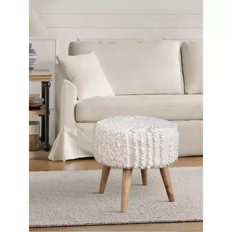 Sgabello rotondo imbottito con tessuto in lana intrecciato a mano e gambe in legno
