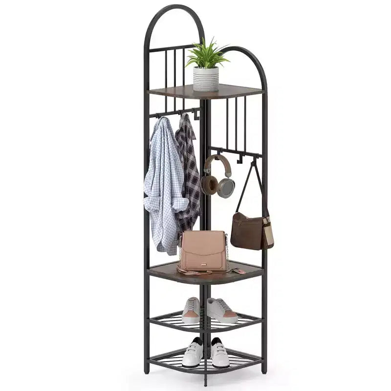 Costway 4-Tier Coat Rack Corner Hall Tree with Shoe Storage Bench 6 Removable Hooks Bedroom Brown/Natural/White