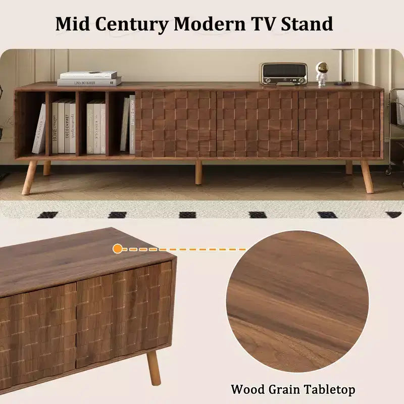 Mobile TV moderno di metà secolo da 70W con 5 gambe in legno massello, finitura noce