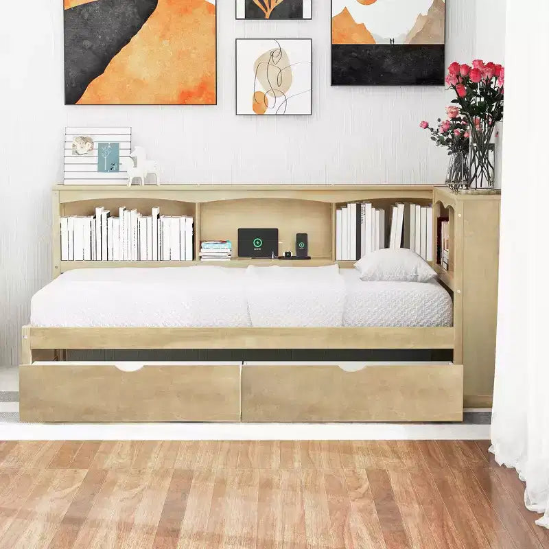 Divano Letto Singolo con Cassetti Contenitori, Armadietti Laterali e Porte di Ricarica USB