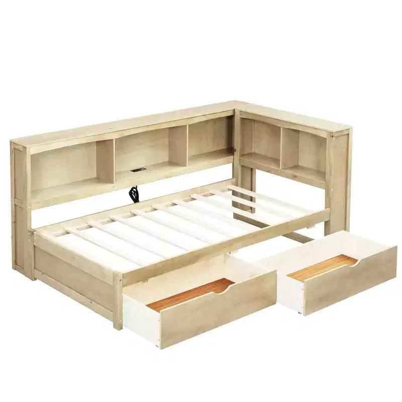 Divano Letto Singolo con Cassetti Contenitori, Armadietti Laterali e Porte di Ricarica USB