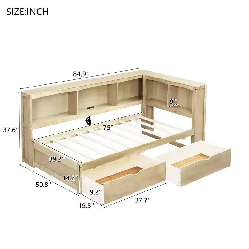 Divano Letto Singolo con Cassetti Contenitori, Armadietti Laterali e Porte di Ricarica USB