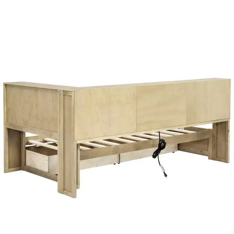 Divano Letto Singolo con Cassetti Contenitori, Armadietti Laterali e Porte di Ricarica USB