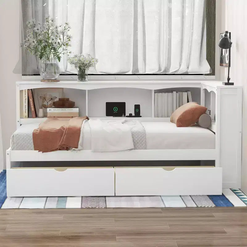 Divano Letto Singolo con Cassetti Contenitori, Armadietti Laterali e Porte di Ricarica USB