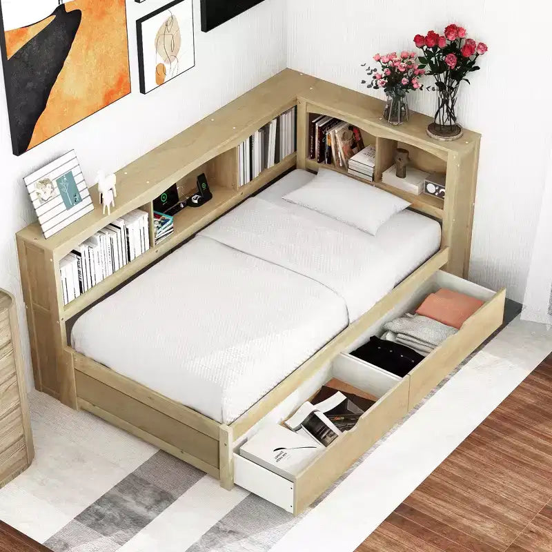 Divano Letto Singolo con Cassetti Contenitori, Armadietti Laterali e Porte di Ricarica USB