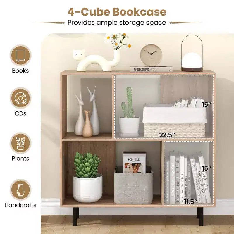 Libreria aperta – Mobile contenitore a 3 ripiani e 4 scomparti con gambe in metallo (Naturale/Bianco/Nero)