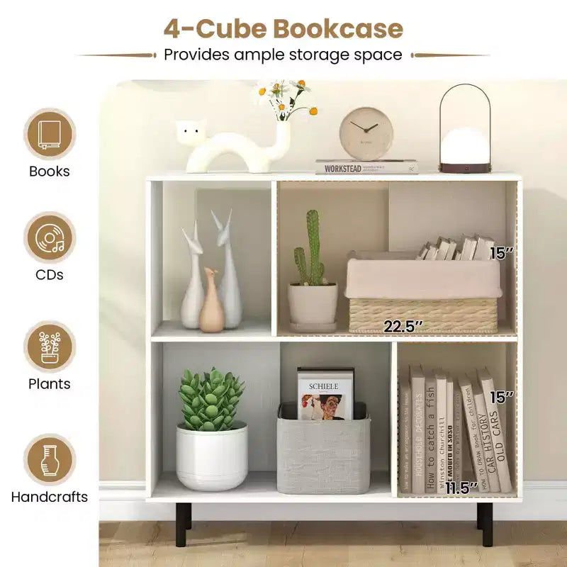 Libreria aperta – Mobile contenitore a 3 ripiani e 4 scomparti con gambe in metallo (Naturale/Bianco/Nero)