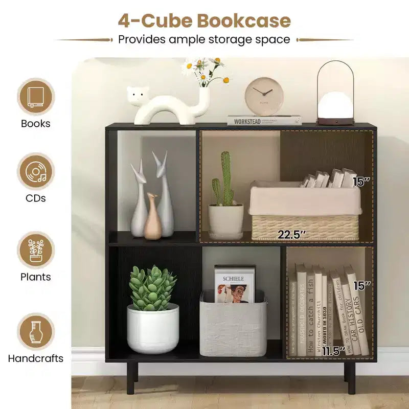 Libreria aperta – Mobile contenitore a 3 ripiani e 4 scomparti con gambe in metallo (Naturale/Bianco/Nero)