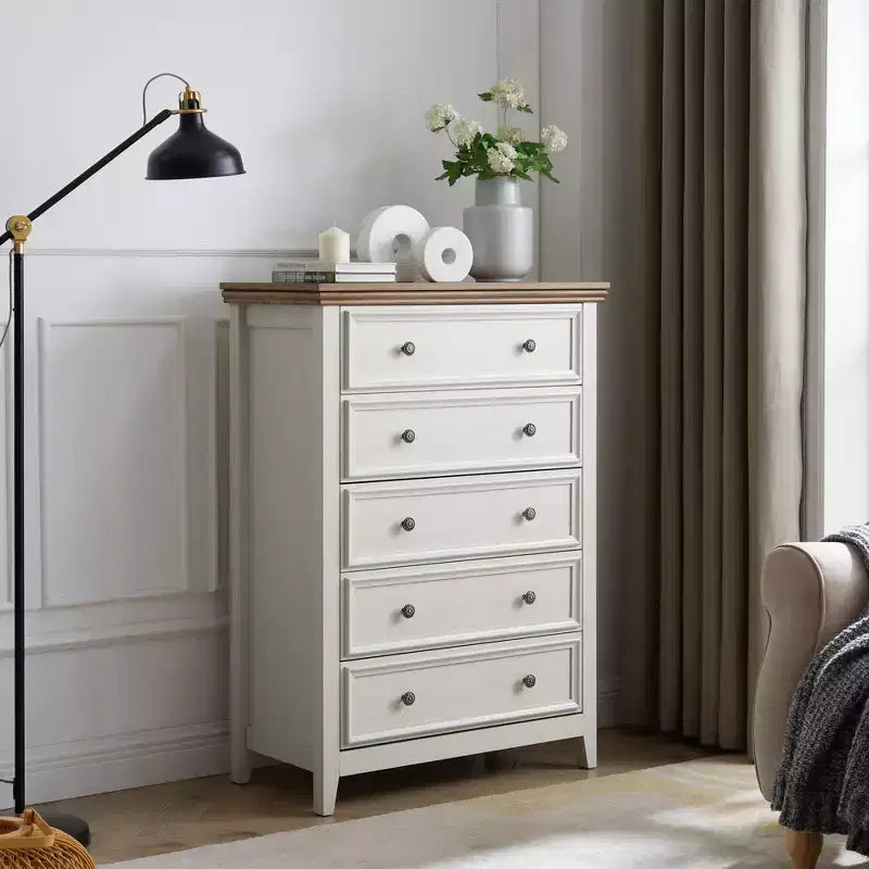 Cassettiera accentata beige a 5 cassetti, altezza 44.3 pollici