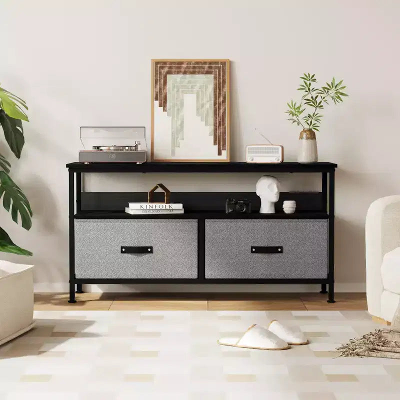 TV Stand Fits for 32 to 55 Inch TVs- 2 Fabric Drawers, Small Media Console with Open Compartment and Adjustable Feet for Bedroom Living Room