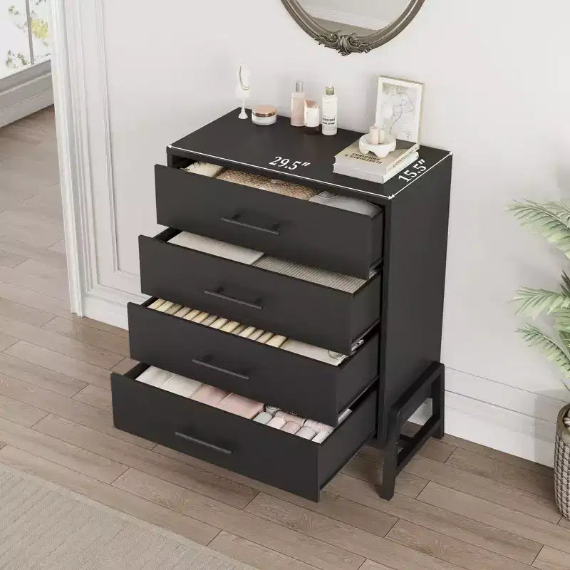 Cassettiera alta a 4 cassetti, mobile con cassetti a sé stante con struttura in MDF, nero