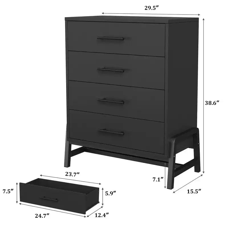 Cassettiera alta a 4 cassetti, mobile con cassetti a sé stante con struttura in MDF, nero