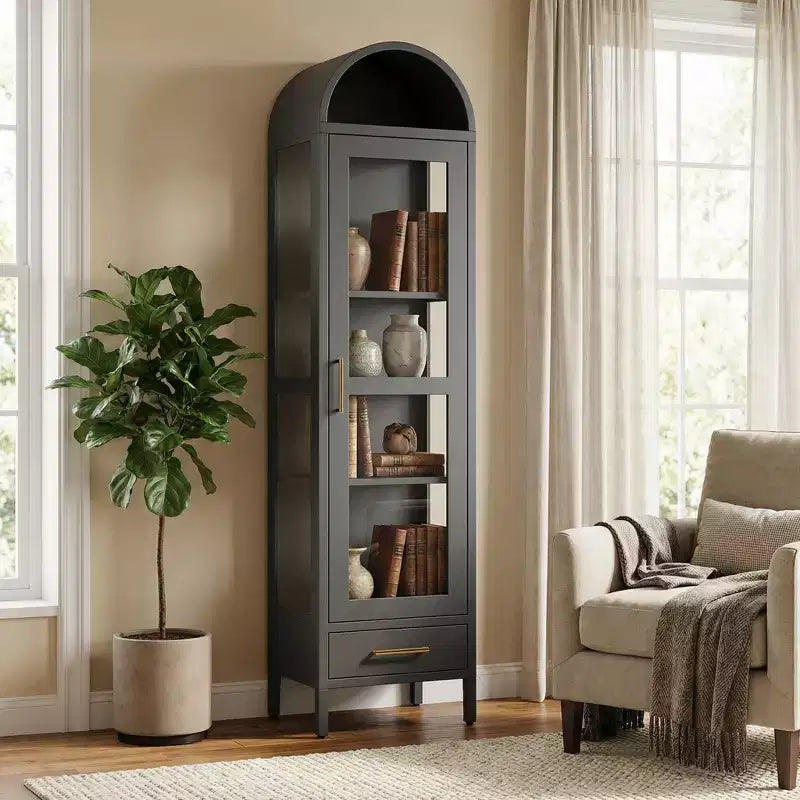 73 in Tall Narrow Arched Metal Cabinet, Modern Black Storage with Glass Door Drawer, Versatile Pantry Bookcase for Living Room Kitchen