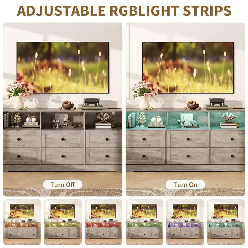 Comò a 6 cassetti da 160 cm con luci RGB e presa di corrente
