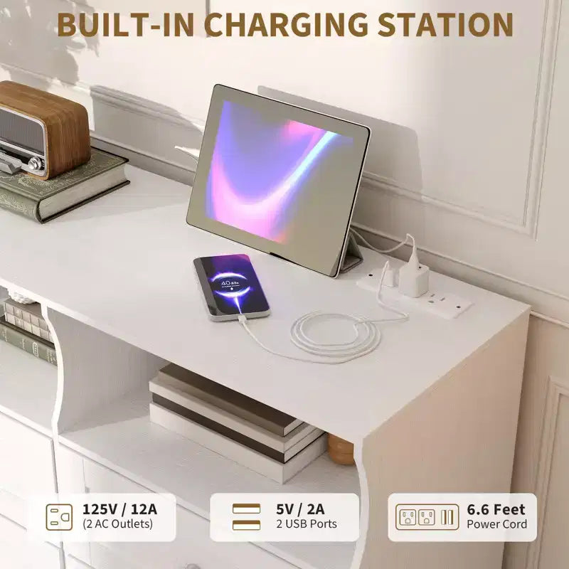 Comò a 6 cassetti da 160 cm con luci RGB e presa di corrente