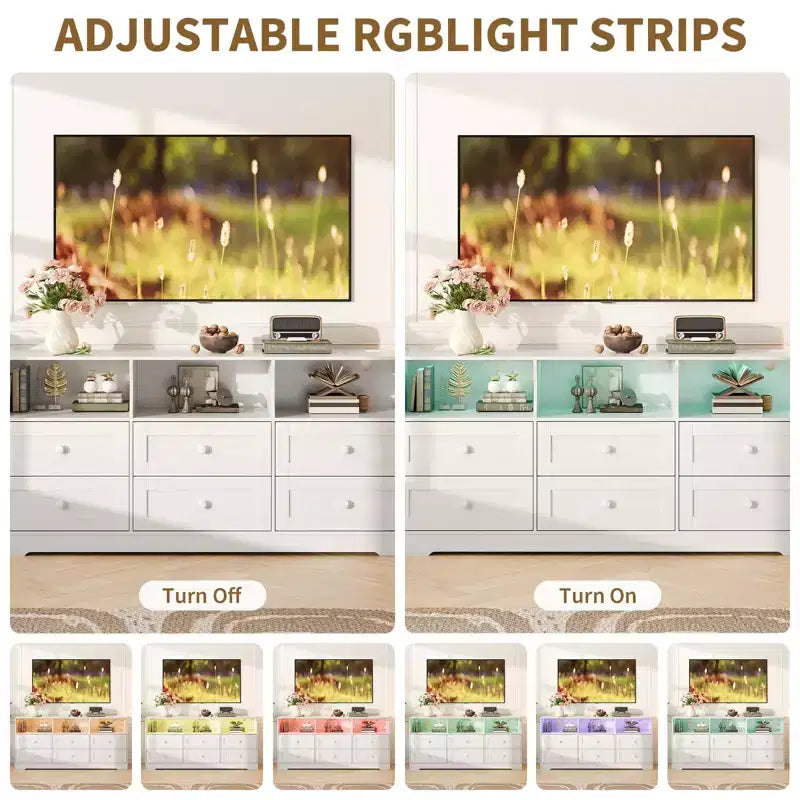 Comò a 6 cassetti da 160 cm con luci RGB e presa di corrente