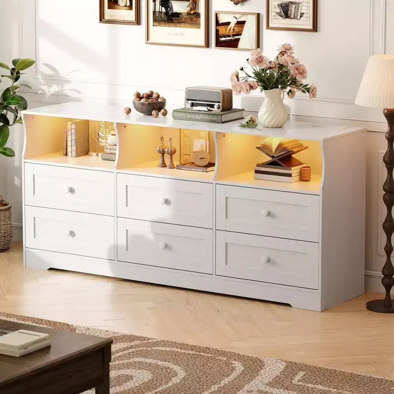 Comò a 6 cassetti da 160 cm con luci RGB e presa di corrente