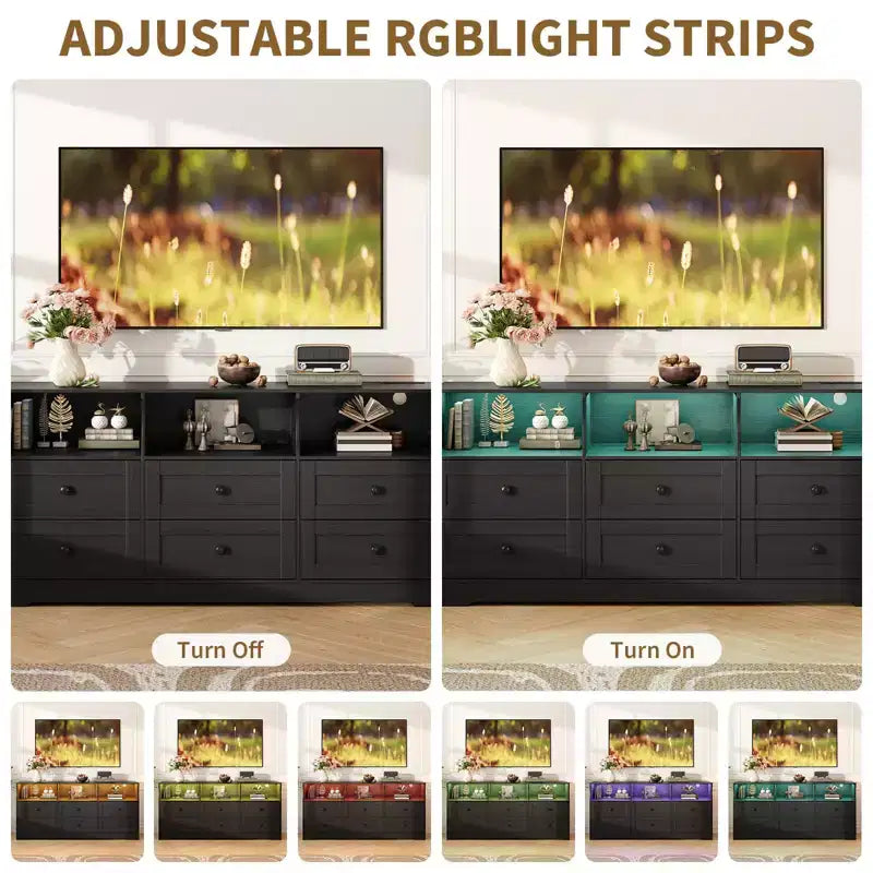 Comò a 6 cassetti da 160 cm con luci RGB e presa di corrente
