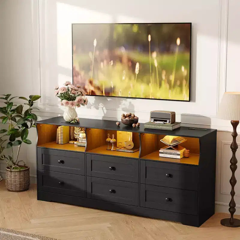 Comò a 6 cassetti da 160 cm con luci RGB e presa di corrente