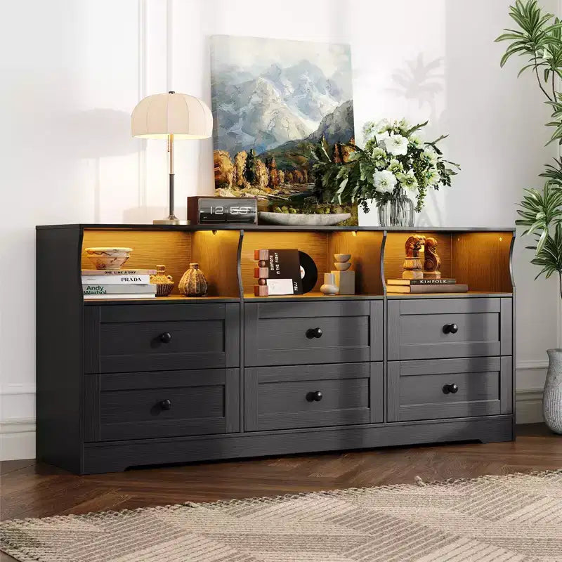 Dresser, 63 Inch 6 Drawer Chest of Drawers with RGB Lights & Power Outlet, Wooden TV Stand with Open Shelves