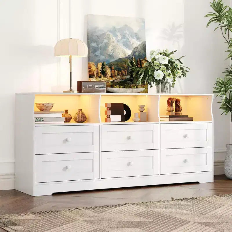 Comò a 6 cassetti da 160 cm con luci RGB e presa di corrente