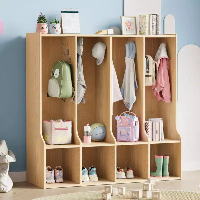 Classroom Coat Locker, 4-Section Cubby Storage Organizer with 8 Hooks, for Home, School, Nursery, Kindergarten