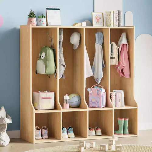 Classroom Coat Locker, 4-Section Cubby Storage Organizer with 8 Hooks, for Home, School, Nursery, Kindergarten