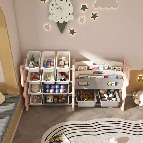 Libreria per bambini a 2 ripiani con 12 contenitori (rosa)