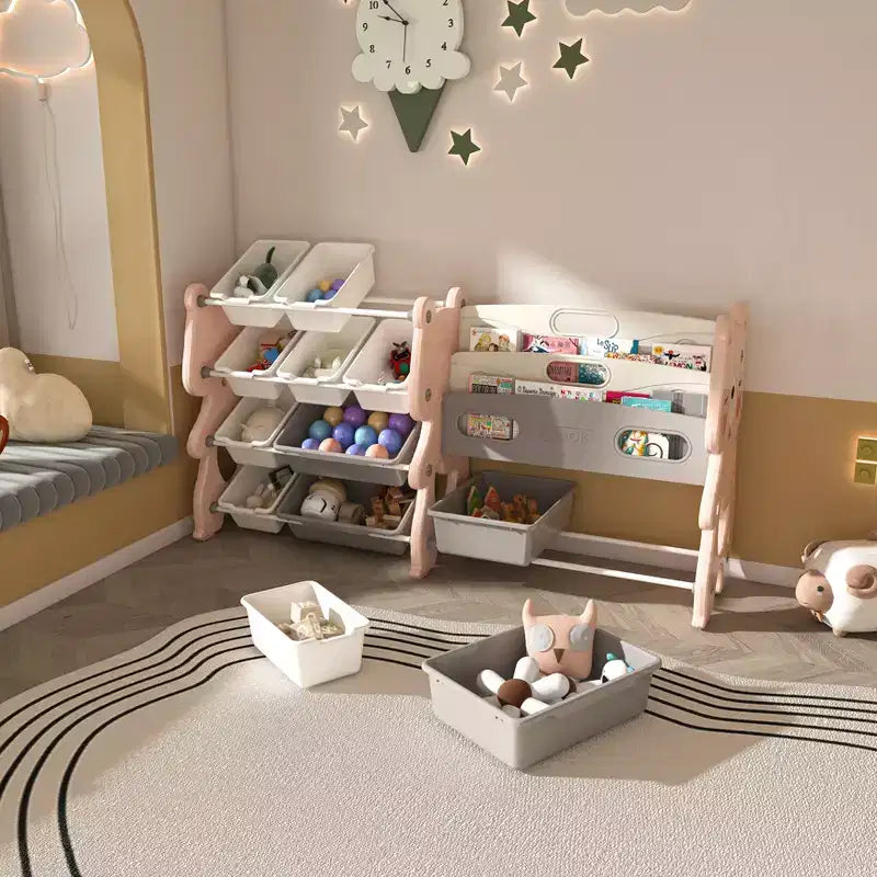 Libreria per bambini a 2 ripiani con 12 contenitori (rosa)