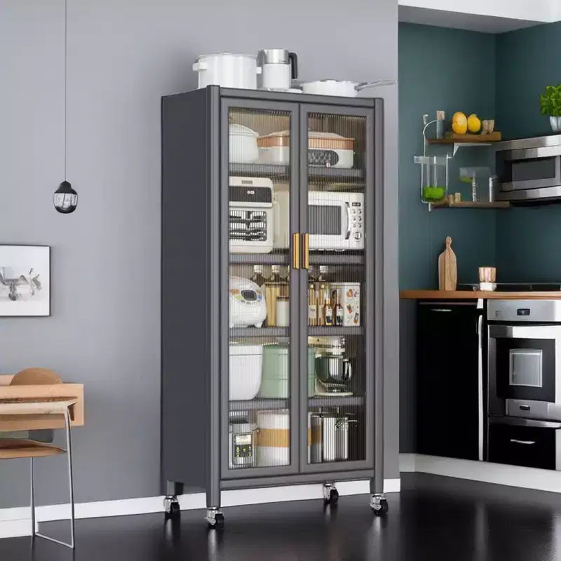 Open Kitchen Storage Shelf, Multi-Level Microwave Cabinet, Dish & Side Cabinet, Grey
