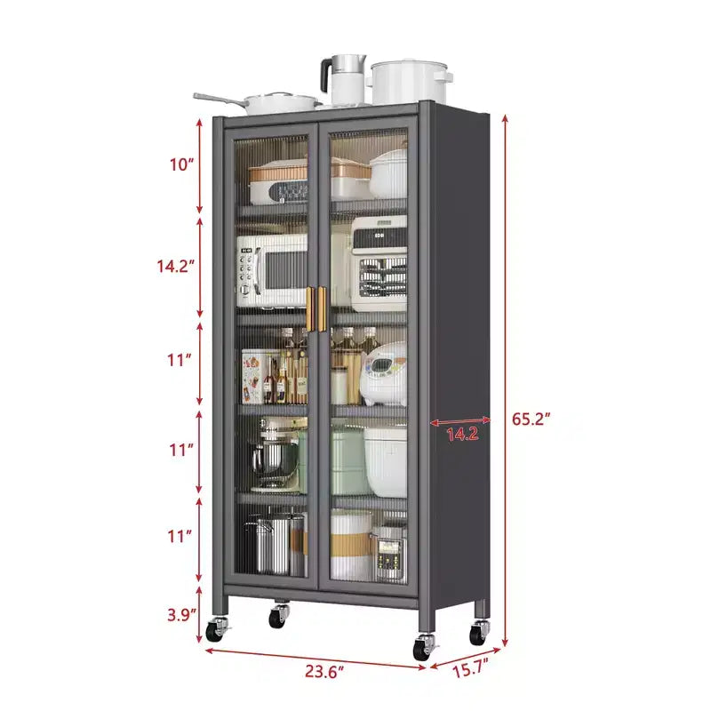 Scaffale da Cucina in Metallo con Ruote e Doppie Ante