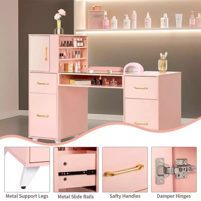 Tavolo per Manicure con Piano in Vetro e Cuscino Appoggiapolso