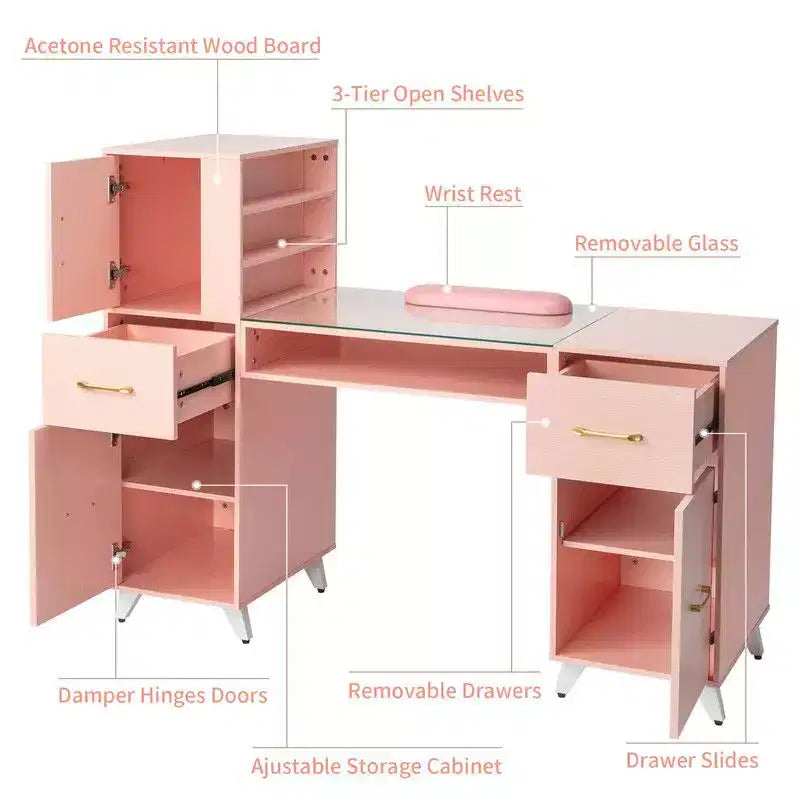 Tavolo per Manicure con Piano in Vetro e Cuscino Appoggiapolso