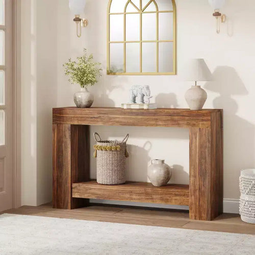 Farmhouse 2-Tier Wooden Console Table with Storage Shelf, Long Entryway Sofa Accent Table for Living Room, Hallway & Behind Couch