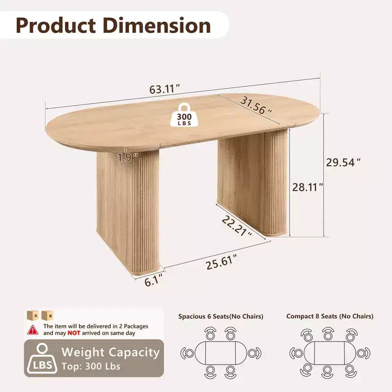 Tavolo da pranzo ovale scanalato da 63" per 4-6 persone con base a doppio piedistallo