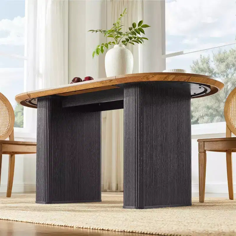 Tavolo da pranzo ovale scanalato da 63" per 4-6 persone con base a doppio piedistallo