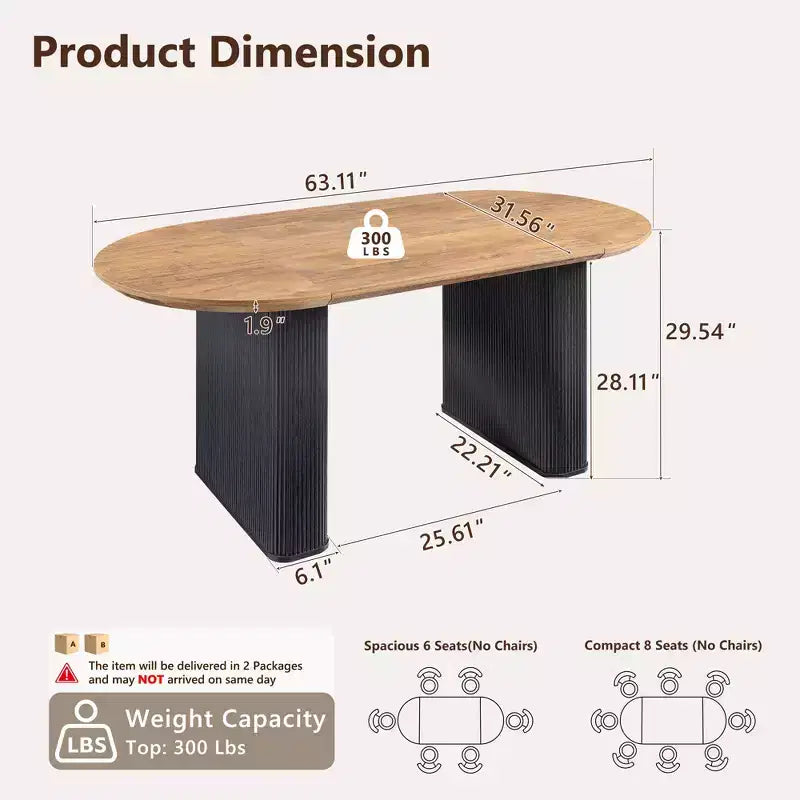 Tavolo da pranzo ovale scanalato da 63" per 4-6 persone con base a doppio piedistallo