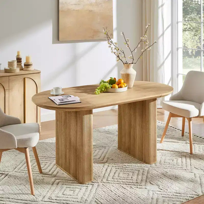 Tavolo da pranzo ovale scanalato da 63" per 4-6 persone con base a doppio piedistallo