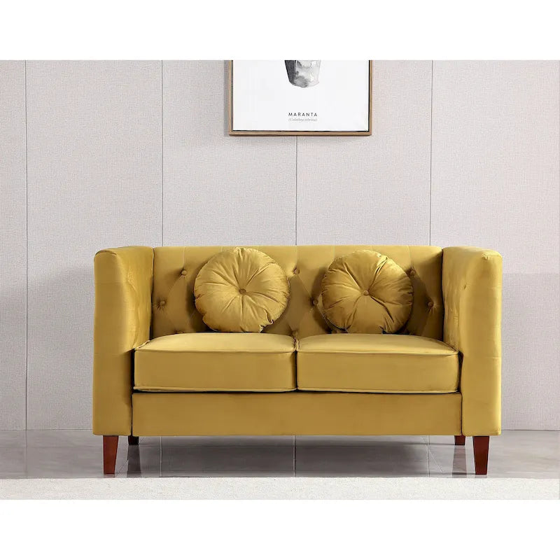Divanetto Chesterfield classico in velluto con gambe in legno