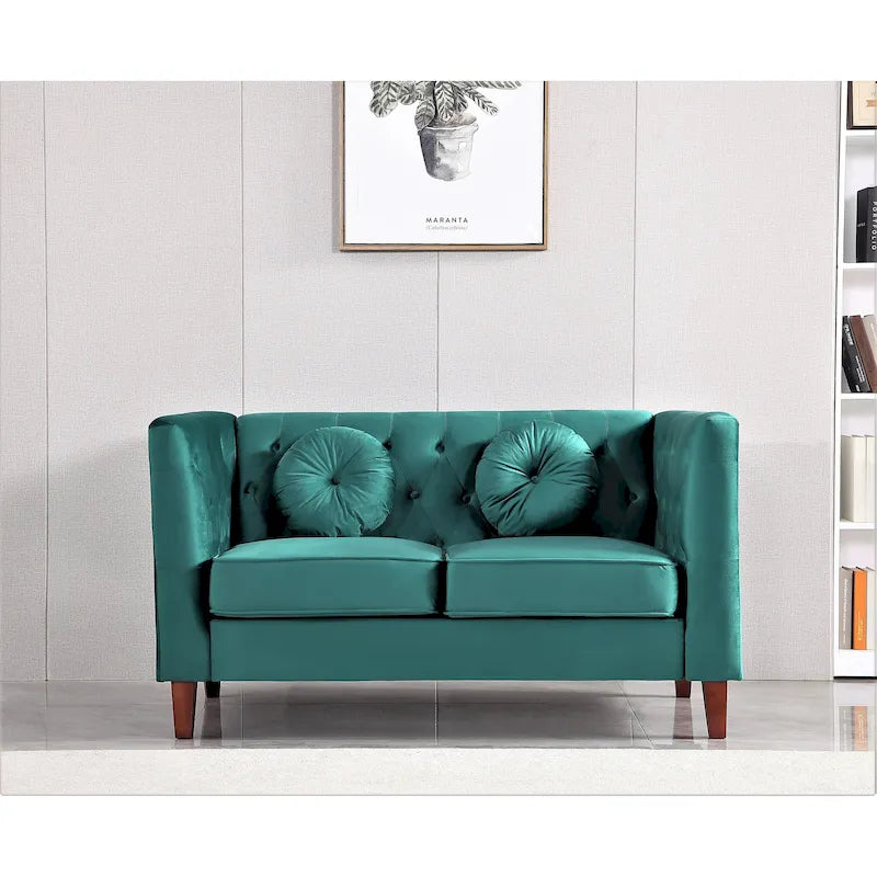 Divanetto Chesterfield classico in velluto con gambe in legno