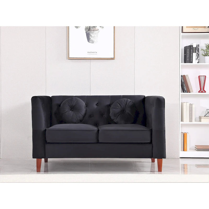 Divanetto Chesterfield classico in velluto con gambe in legno