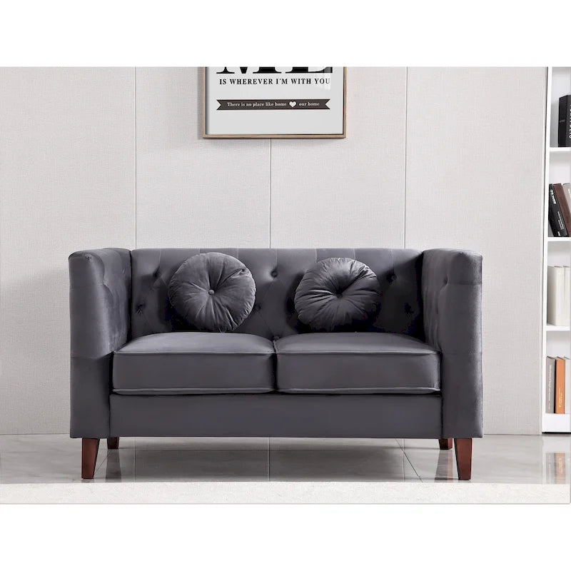 Divanetto Chesterfield classico in velluto con gambe in legno