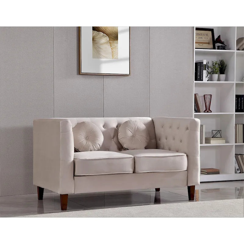 Divanetto Chesterfield classico in velluto con gambe in legno