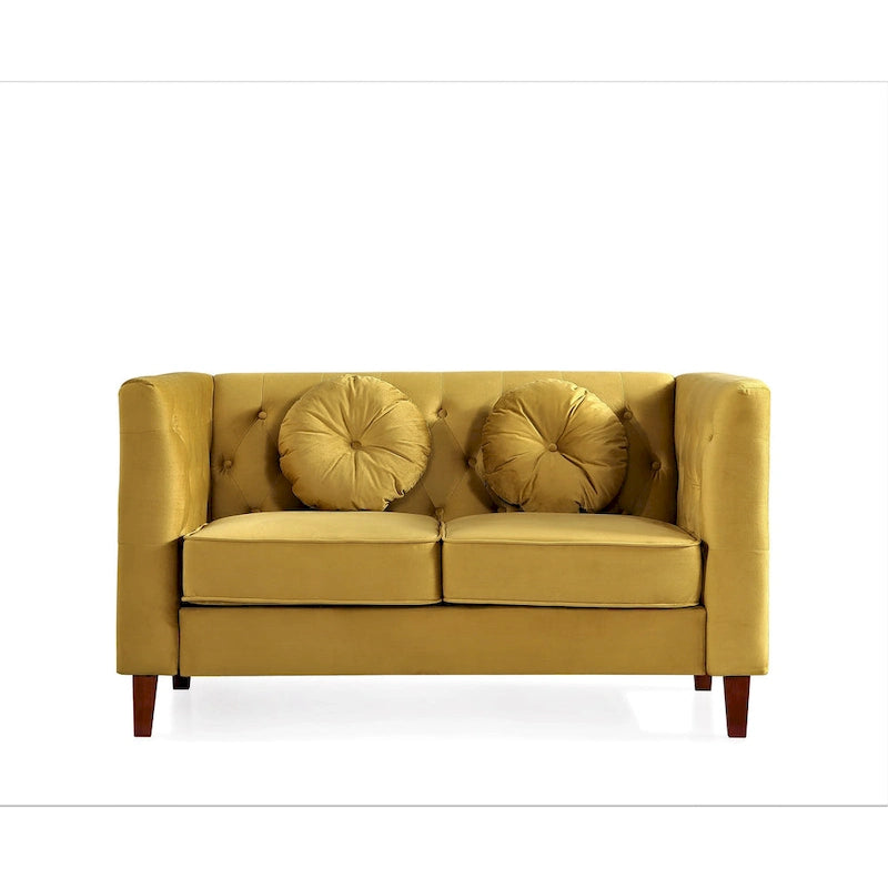 Divanetto Chesterfield classico in velluto con gambe in legno