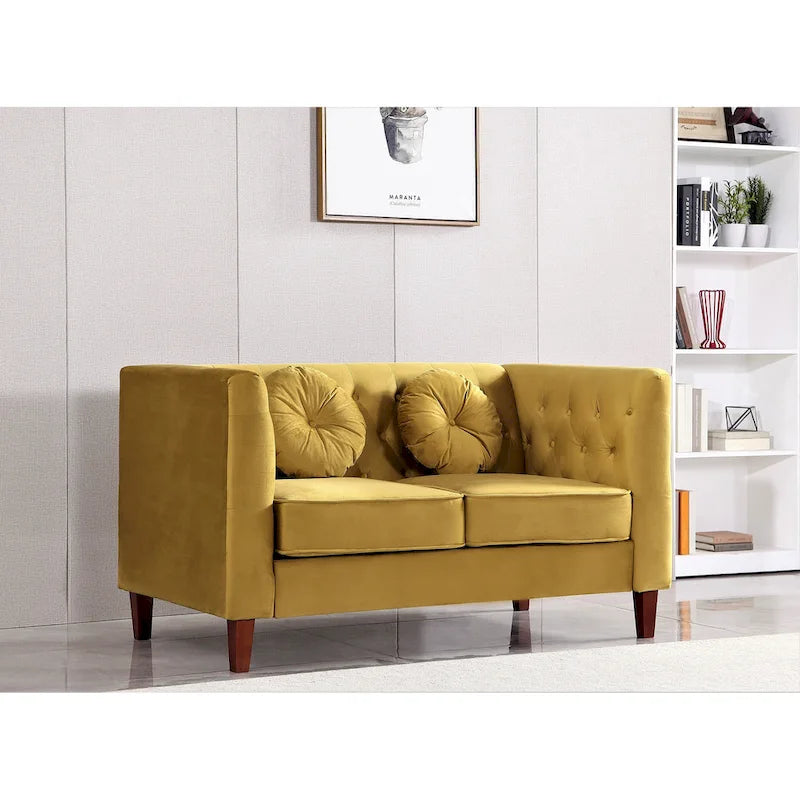 Divanetto Chesterfield classico in velluto con gambe in legno