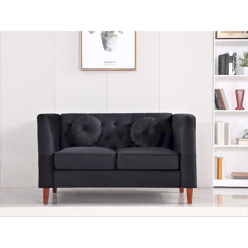 Divanetto Chesterfield classico in velluto con gambe in legno